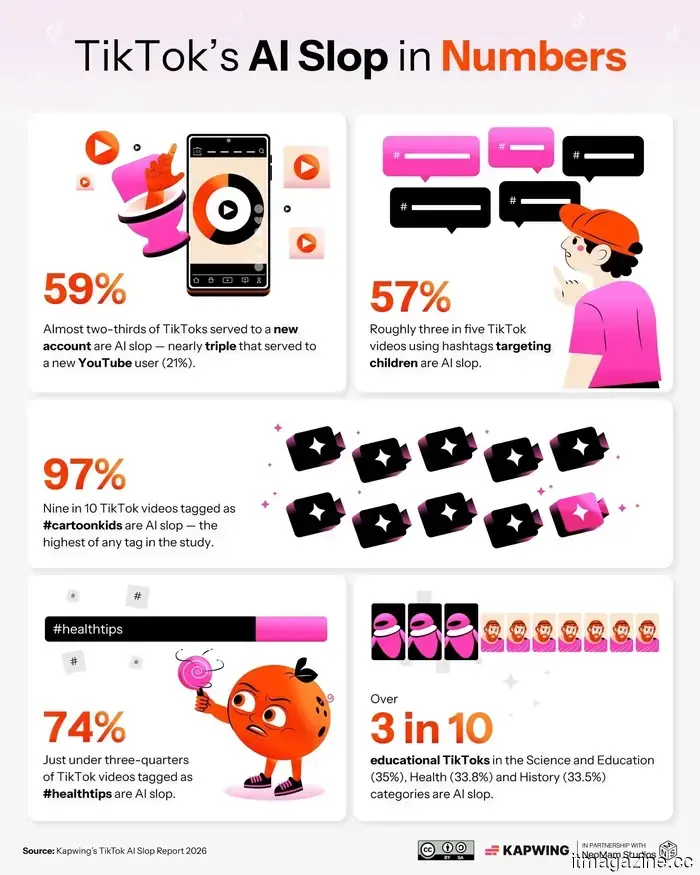 A study reveals that TikTok's feeds display AI-generated content three times more often than those on YouTube.
