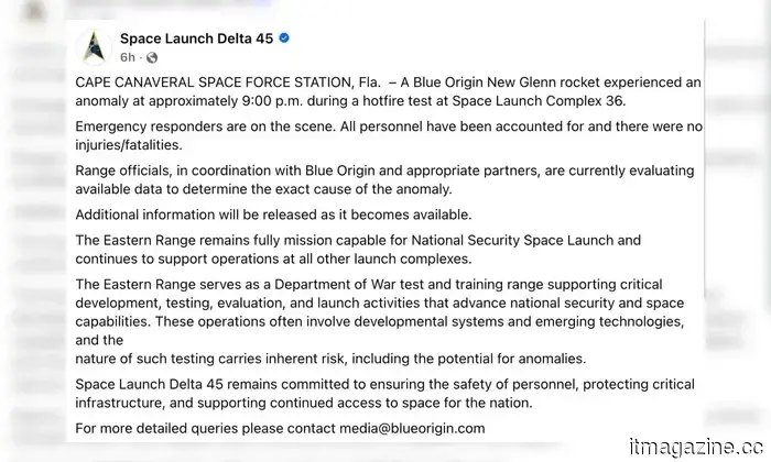 El enorme cohete New Glenn de Blue Origin explota en una explosión de fuego durante las pruebas.
