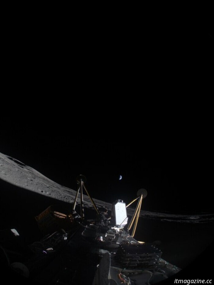 Observe the Intuitive Machines lander resting on its side on the moon once more.