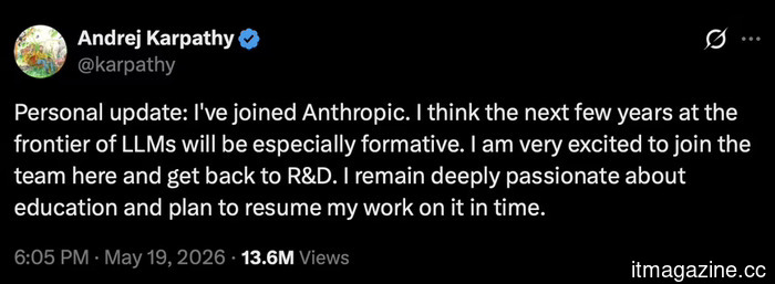 OpenAI co-founder Karpathy has joined the pre-training team at Anthropic.