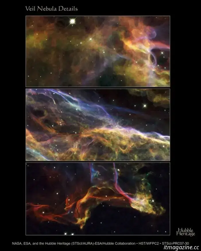 The gorgeous Hubble image captures the striking colors of the Veil Nebula.