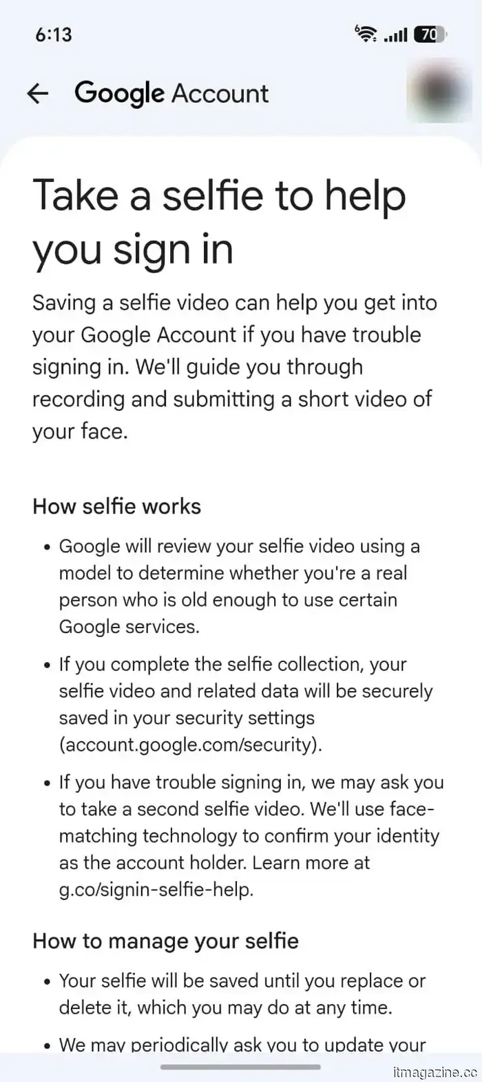 Guidelines for configuring selfie video sign-in for your Google account.