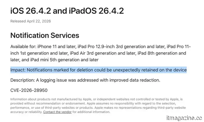 Apple addresses security vulnerability that allowed the FBI to retrieve messages from notification history on the iPhone.