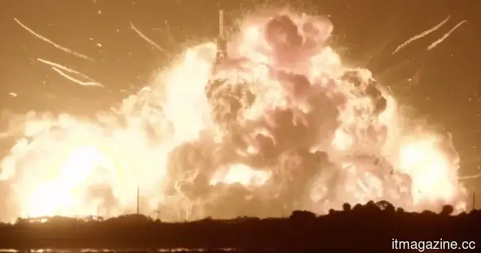 Blue Origin’s enormous New Glenn rocket detonates in a fiery explosion during testing.