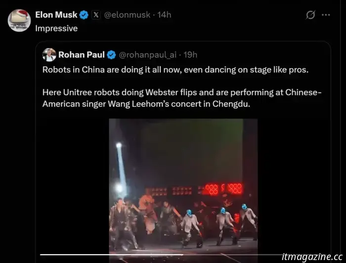 Elon Musk comparte un video de los robots humanoides Unitree G1 ejecutando saltos mortales hacia atrás en un concierto.