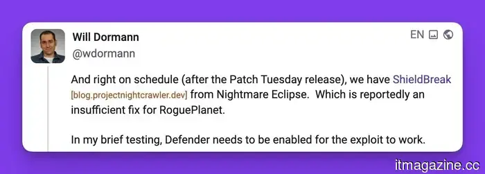 Microsoft issued a warning of potential legal action, yet this researcher has still released a new Windows vulnerability.