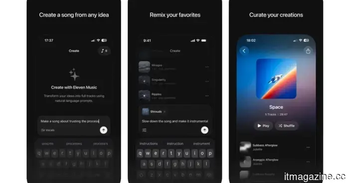 The ElevenLabs AI music generator transforms your concepts into three-minute tracks.