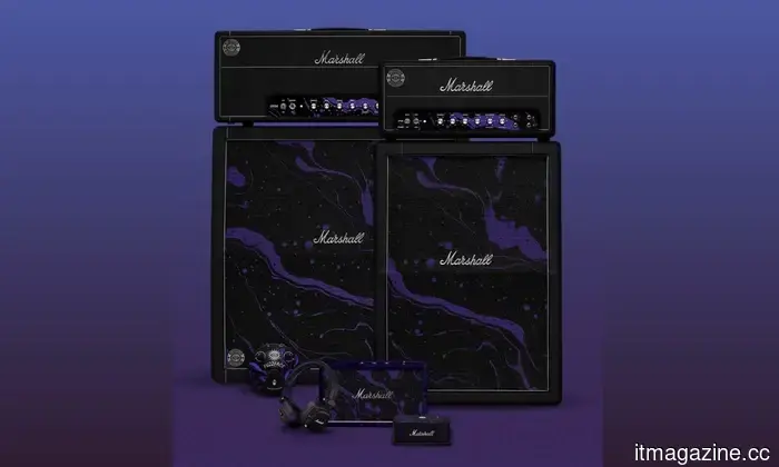 Jimi Hendrix’s Purple Haze dominates Marshall’s assortment of speakers, headphones, and amplifiers.