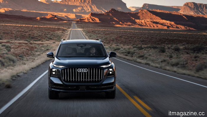 Audi's Q9 features a petrol V8 engine for the American market as its electric vehicle plans face delays.