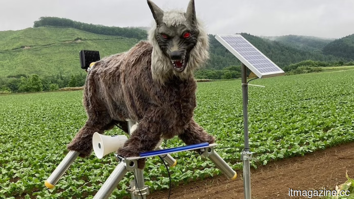 Japan's Monster Wolf robot is a $4,000 scarecrow featuring red LED eyes, and it proves to be effective.