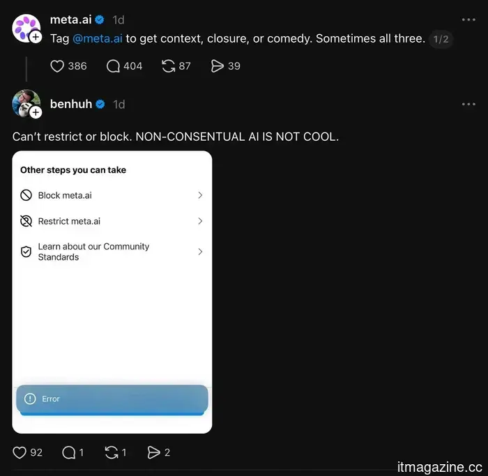 It's not possible to block Meta's AI bot on Threads. I'm not sure what we did to warrant this.