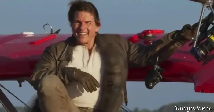In the latest stunt for Mission: Impossible 8, Tom Cruise is seen hanging upside down from a biplane.