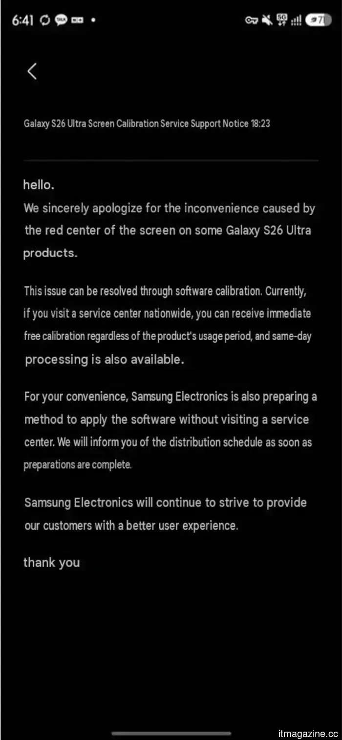 Samsung has announced a solution for the red tint problem on the Galaxy S26 Ultra, but for the time being, it necessitates a visit to a store.