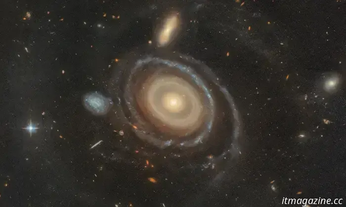 Hubble detects a cosmic bullseye: a galaxy featuring nine rings.