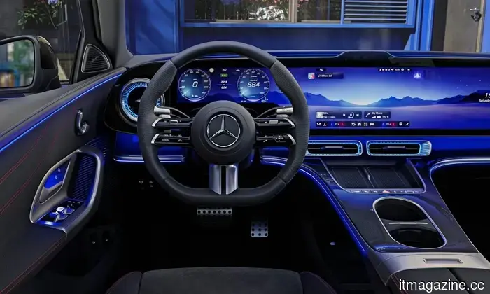 The new electric Mercedes C-Class features its large screen prominently.
