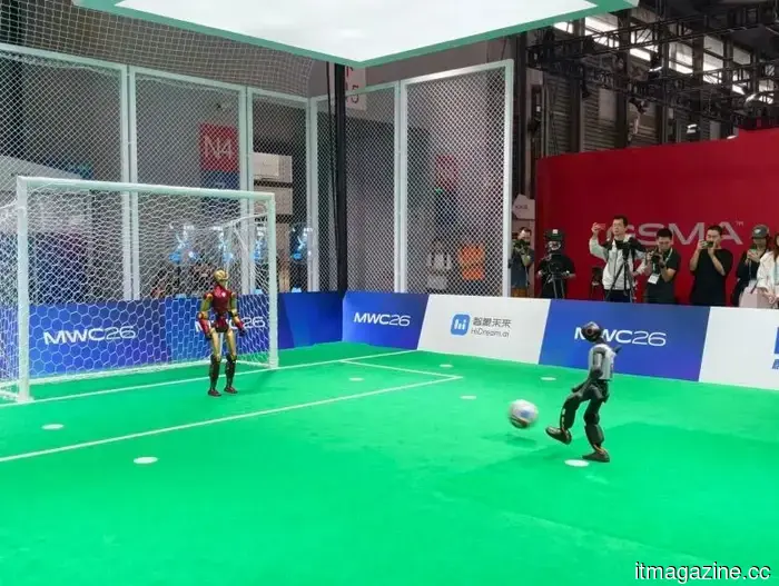 Disregard the final score; the humanoid robot penalty shootout at MWC Shanghai challenged embodied AI.
