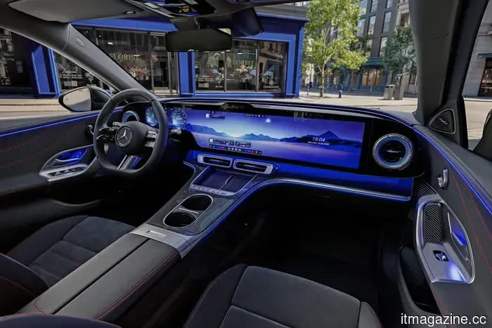 The new electric Mercedes C-Class features its large screen prominently.