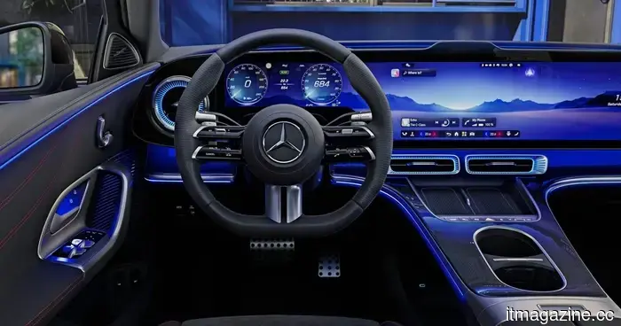 The new electric Mercedes C-Class features its large screen prominently.