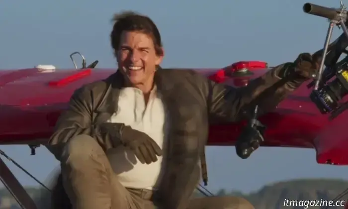 In the latest stunt for Mission: Impossible 8, Tom Cruise is seen hanging upside down from a biplane.