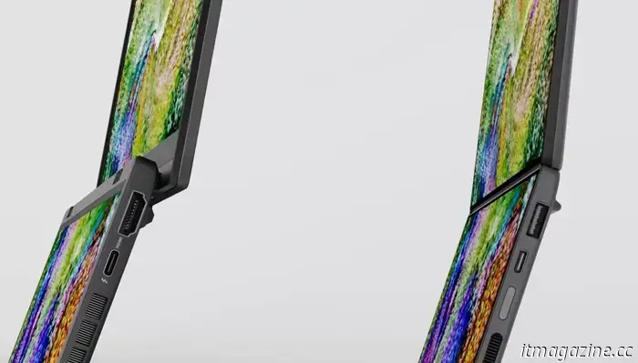 Il ridotto spazio della cerniera del tuo Zenbook Duo fa sembrare i due schermi perfettamente integrati.