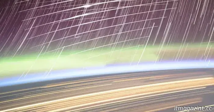 A mesmerizing time-lapse captures Starlink satellites cutting through space with bright streaks of light.