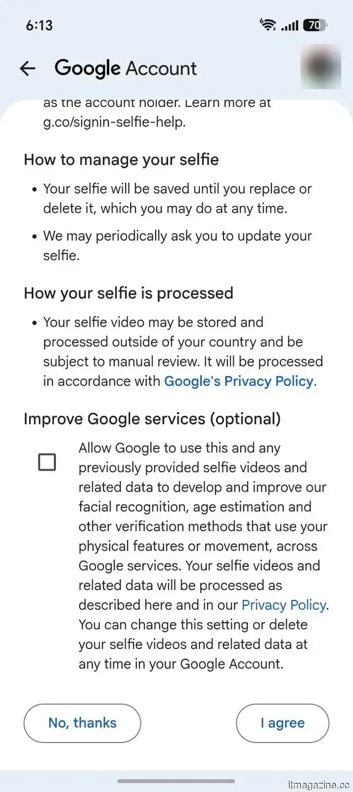 Guidelines for configuring selfie video sign-in for your Google account.