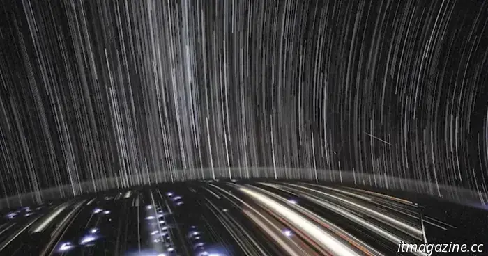 Impressive space footage captures star trails extending above urban lights.