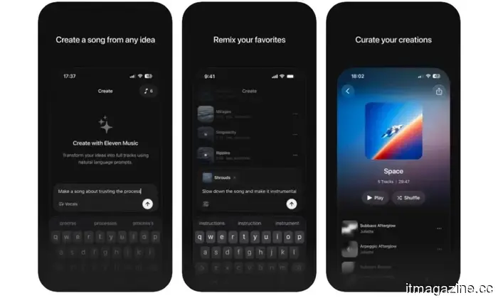 The ElevenLabs AI music generator transforms your concepts into three-minute tracks.