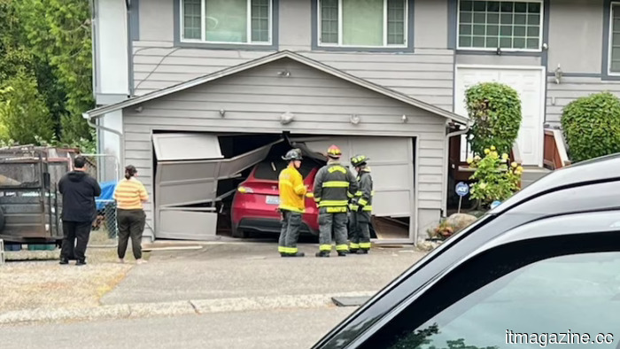 A Tesla operating on Autopilot veered into a garage door in Washington. Authorities are looking into the incident.