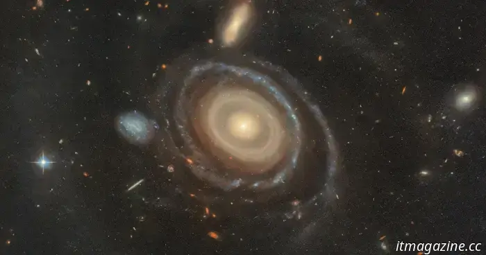 Hubble detects a cosmic bullseye: a galaxy featuring nine rings.